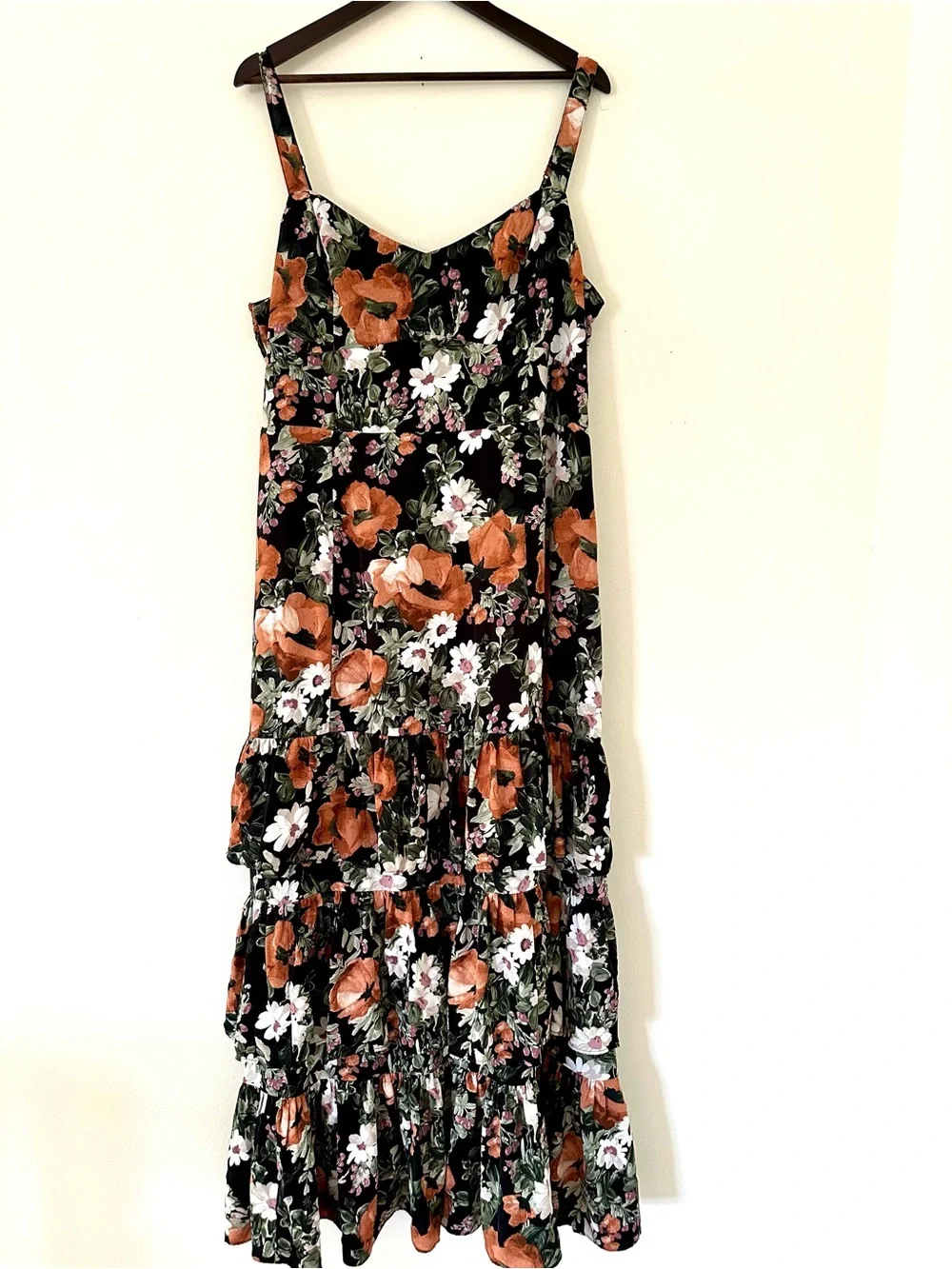 Abercrombie & Fitch Ruffle Tiered Maxi Dress Black Floral with Orange & Green